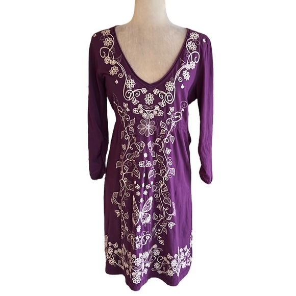 Johnny Was Purple Embroidered Floral Butterfly Long Ruched Sleeve Knit Dress - M - Picture 10 of 10